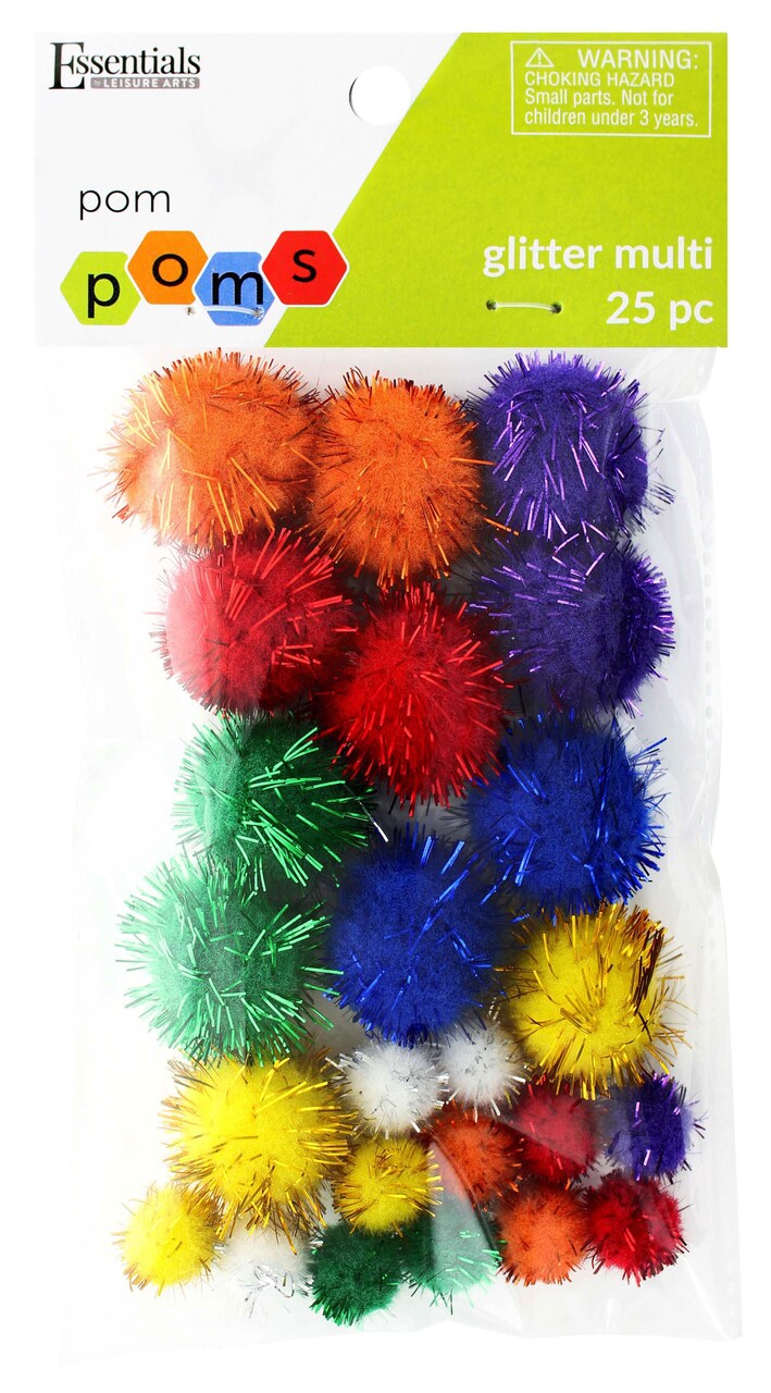 Essentials by Leisure Arts Pom Poms, Glitter Multi-Colored, Assorted Sizes, 25 Pieces per Pack